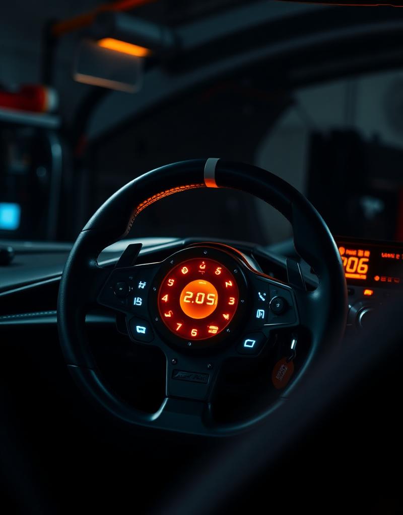 F1 steering wheel with glowing digital display